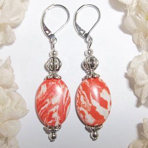 Orange & White Gemstone Earrings Beaded Jewelry Unique Colorful Lever Back 6737